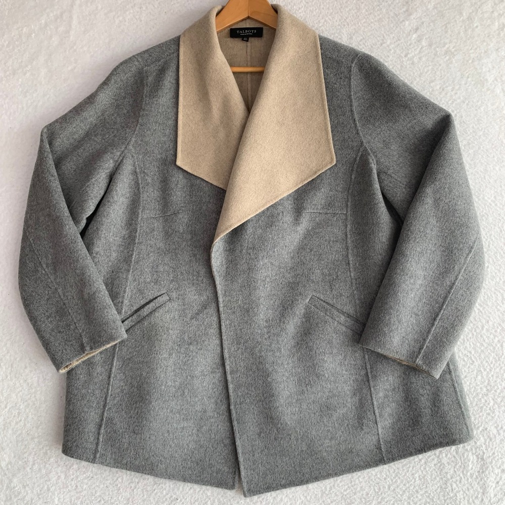 Talbots Woman Petites Open Front Wool Blend Coat 2XP Shawl Collar Gray Tan